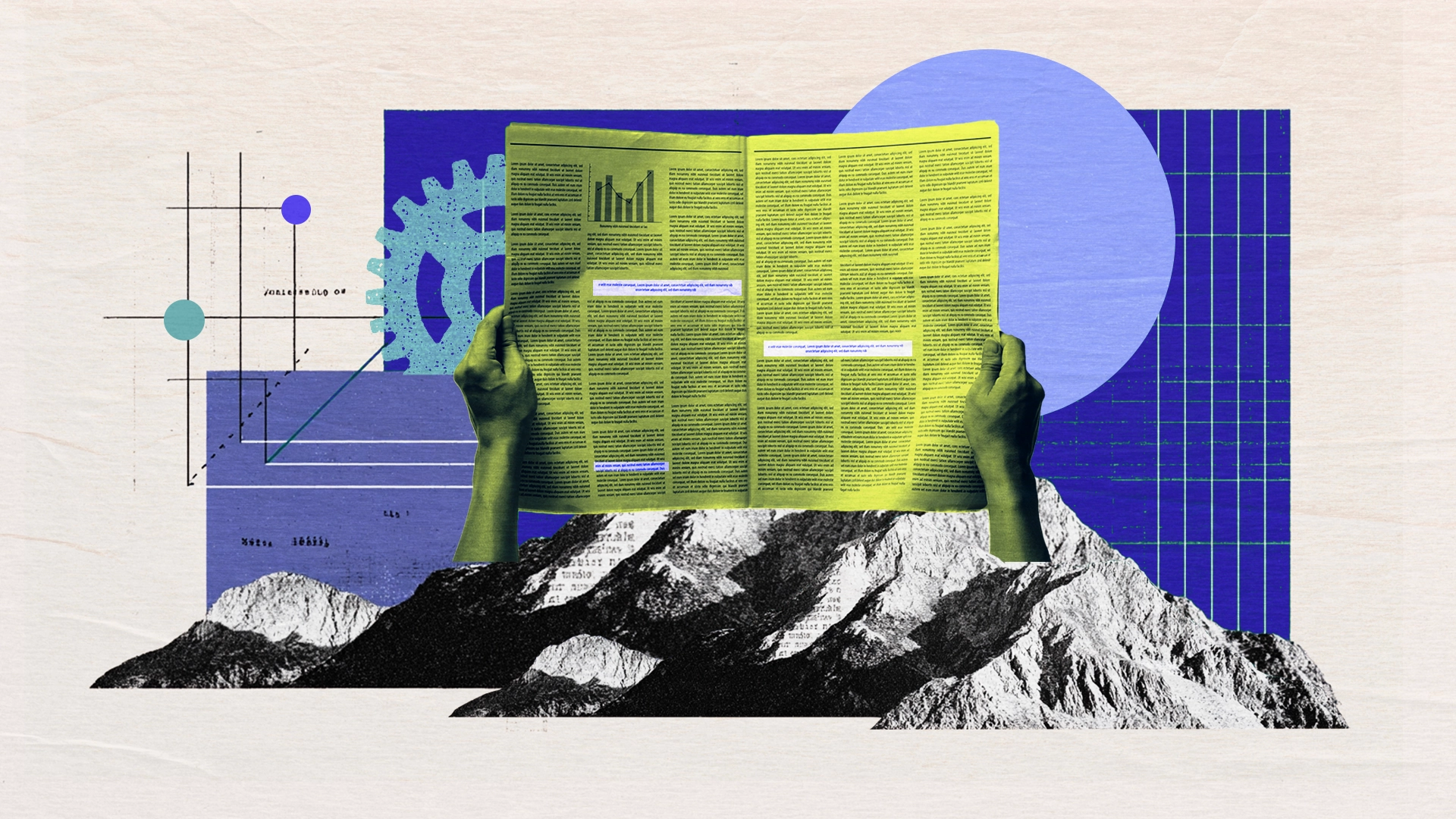 Artwork with newspaper in front of mountains