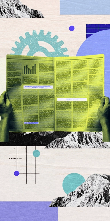 Artwork with newspaper in front of mountains