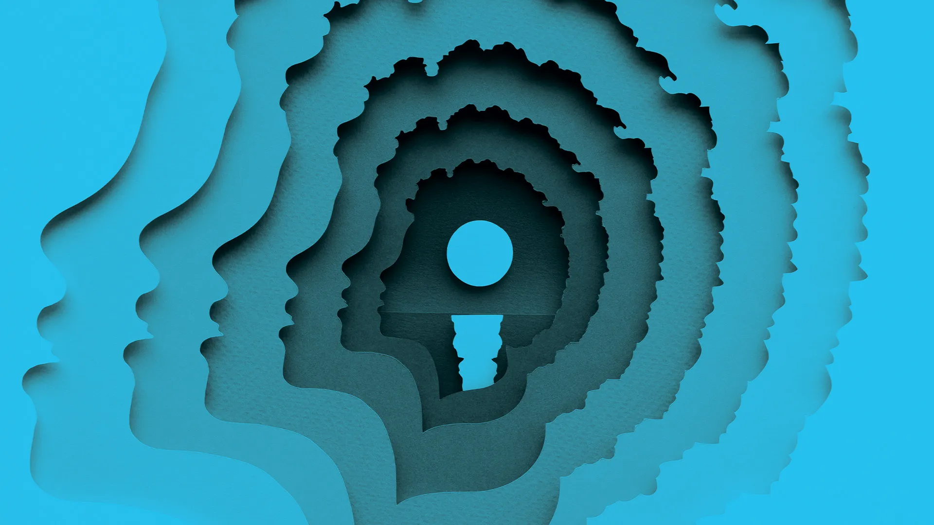 Abstract layered paper cut art of a head with a circular opening, in shades of blue.