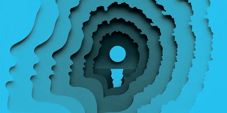 Abstract layered paper cut art of a head with a circular opening, in shades of blue.