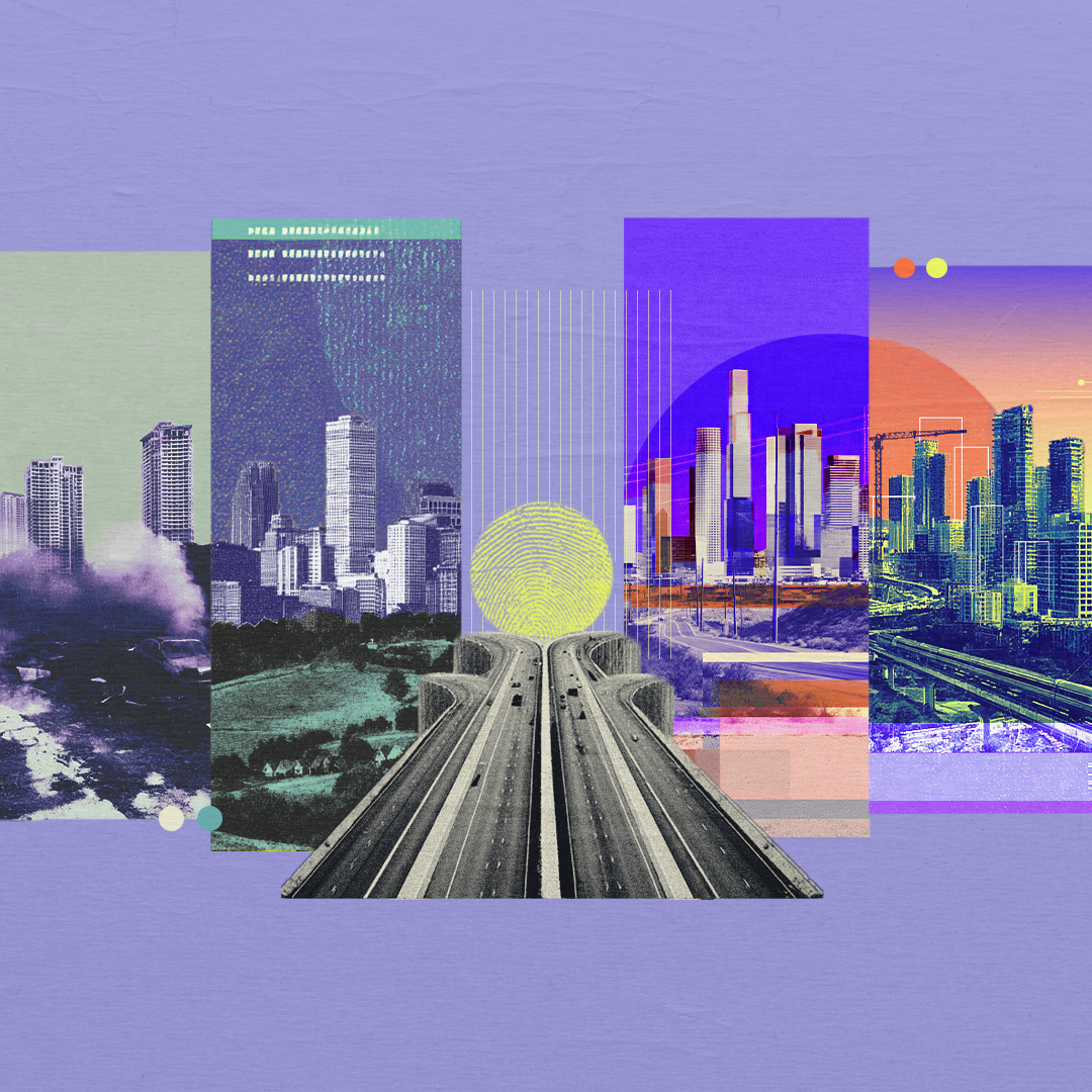 Highway leading to fingerprint sun, surrounded by diverse cityscapes symbolizing urban growth and innovation.