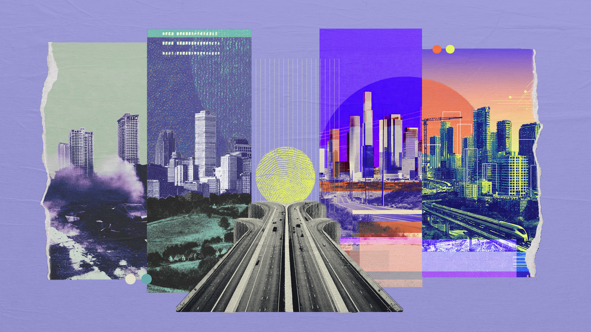 Highway leading to fingerprint sun, surrounded by diverse cityscapes symbolizing urban growth and innovation.