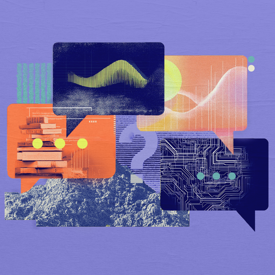 Stylized illustration of overlapping speech bubbles, each representing themes like AI, data visualization, education, and technology, set against a textured purple background with the label “AI@WORK” — symbolizing the multifaceted role of artificial intelligence in modern work.