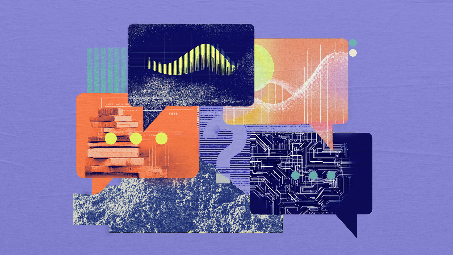 Stylized illustration of overlapping speech bubbles, each representing themes like AI, data visualization, education, and technology, set against a textured purple background with the label “AI@WORK” — symbolizing the multifaceted role of artificial intelligence in modern work. 