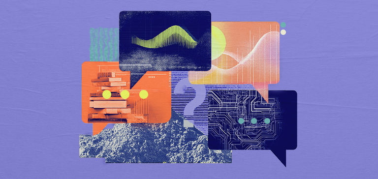 Stylized illustration of overlapping speech bubbles, each representing themes like AI, data visualization, education, and technology, set against a textured purple background with the label “AI@WORK” — symbolizing the multifaceted role of artificial intelligence in modern work.