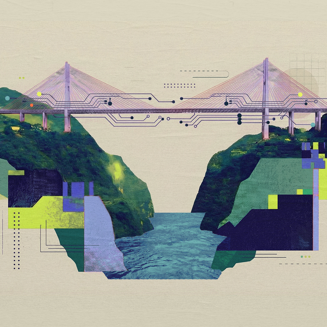 Illustration of two landscapes separated by water, connected by a cable‑stayed bridge integrated with circuit‑like lines suggesting digital systems and connectivity.