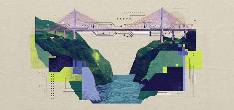 Stylized illustration of overlapping speech bubbles, each representing themes like AI, data visualization, education, and technology, set against a textured purple background with the label “AI@WORK” — symbolizing the multifaceted role of artificial intelligence in modern work. 