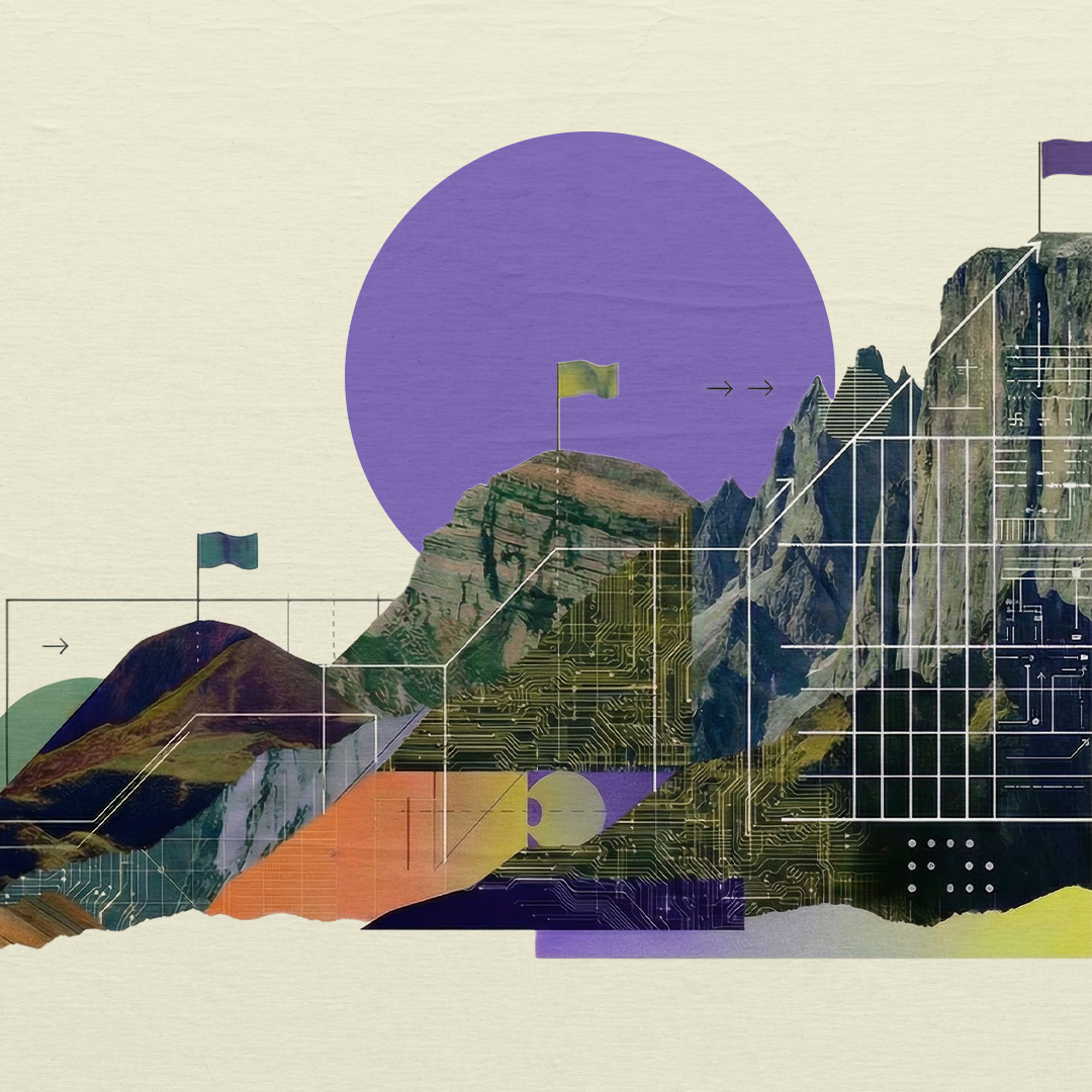Stylized mountain landscape with geometric overlays, purple sun, and flags, visualizing the intersection of artificial intelligence and the future of work. 