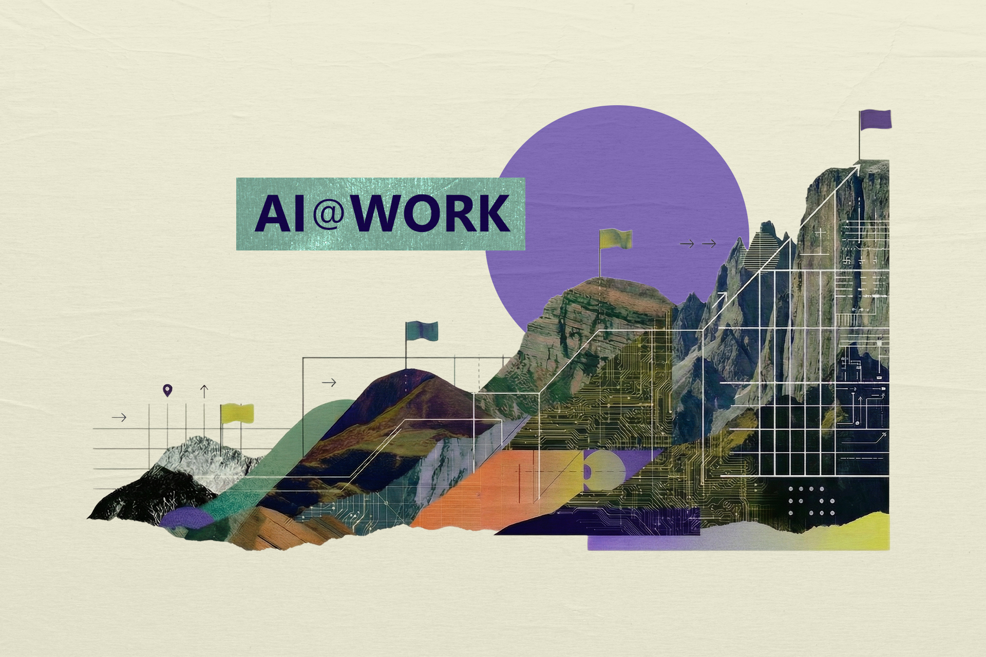 Stylized mountain landscape with geometric overlays, purple sun, and flags, featuring the text 'AI@WORK'—visualizing the intersection of artificial intelligence and the future of work. 