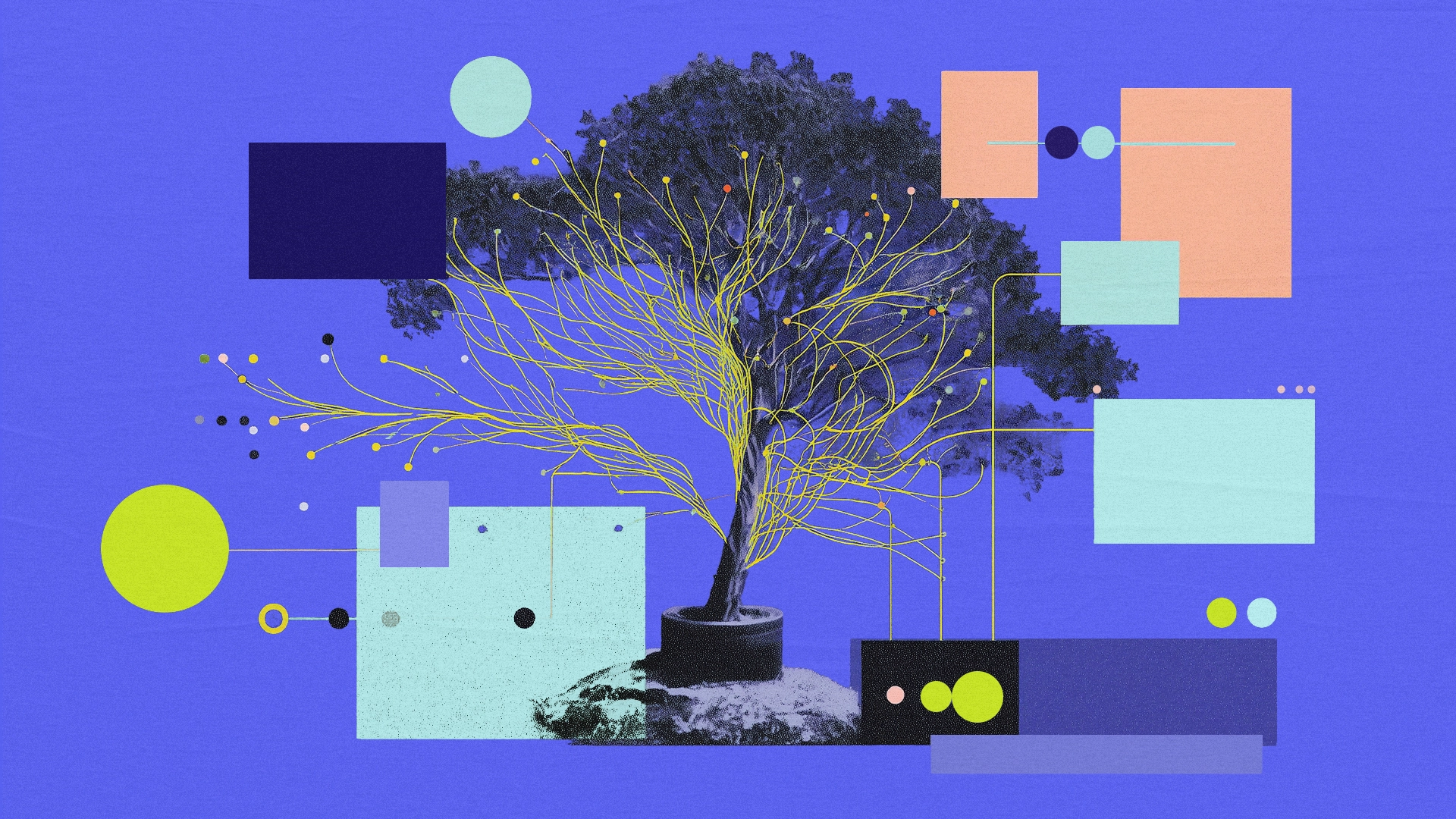 Stylized illustration of overlapping speech bubbles, each representing themes like AI, data visualization, education, and technology, set against a textured purple background with the label “AI@WORK” — symbolizing the multifaceted role of artificial intelligence in modern work. 