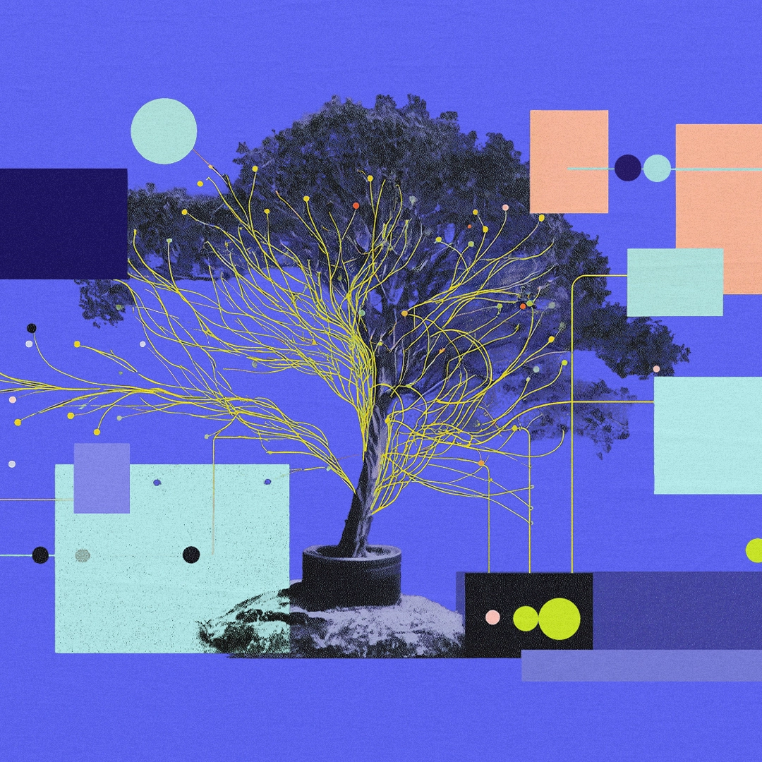 Abstract illustration of a tree with branching lines connecting to geometric shapes, representing interconnected AI systems coordinating work and outcomes.