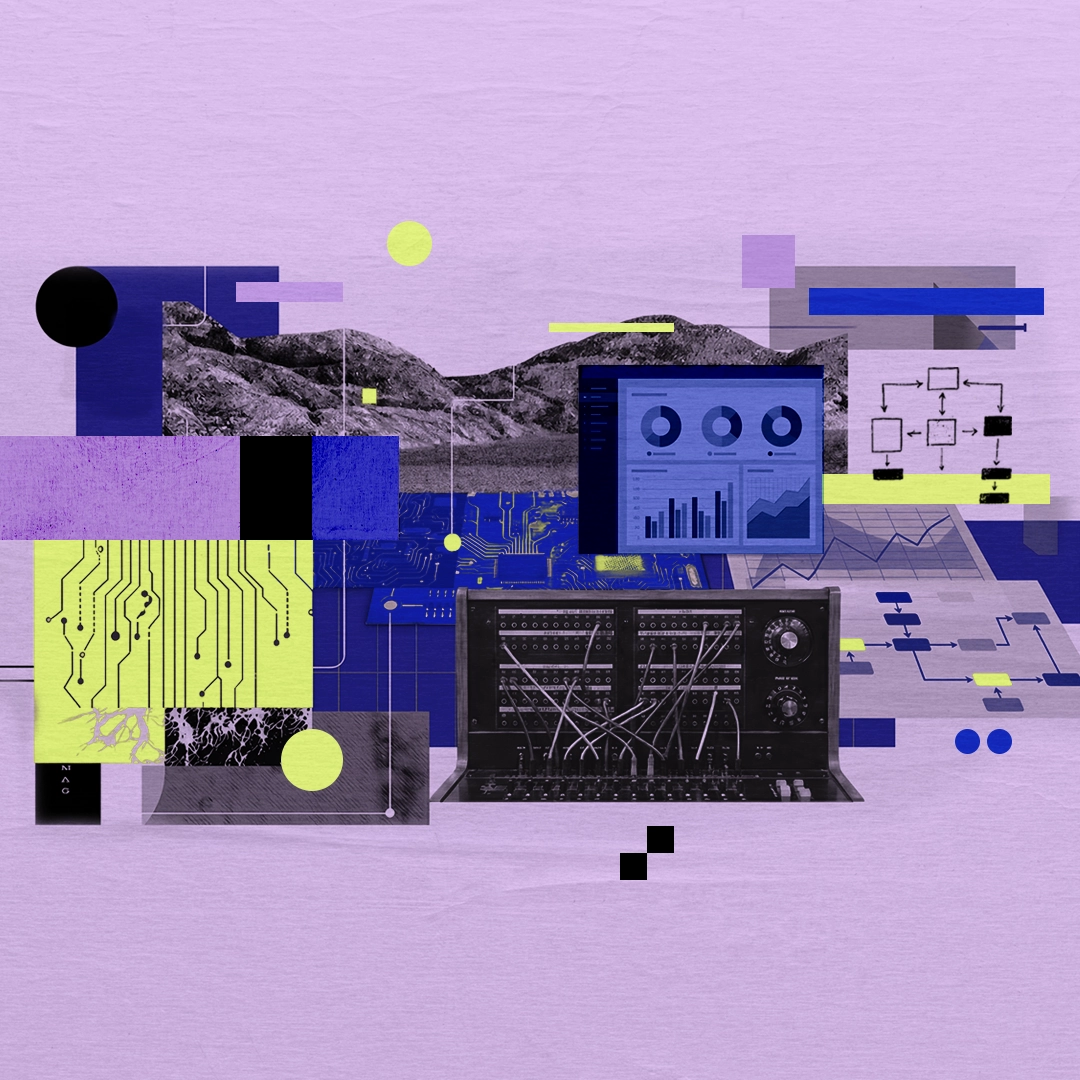 Abstract illustration for AI@Work showing data dashboards, workflow diagrams, circuitry, and human‑designed systems, representing how human employees shape and guide AI at work. 