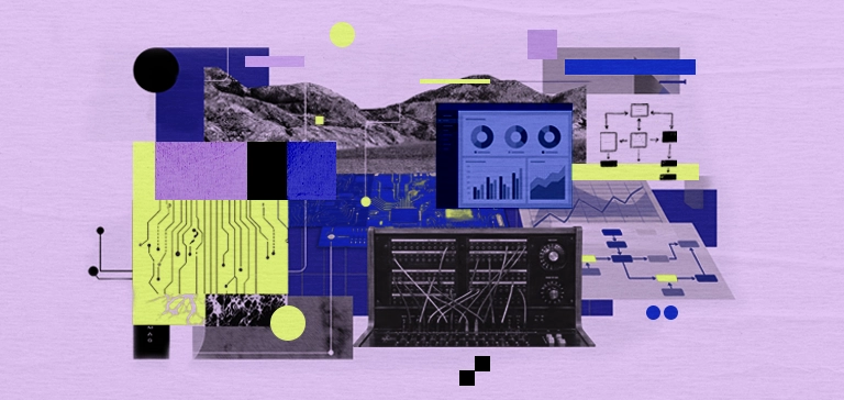 Abstract illustration for AI@Work showing data dashboards, workflow diagrams, circuitry, and human‑designed systems, representing how human employees shape and guide AI at work.