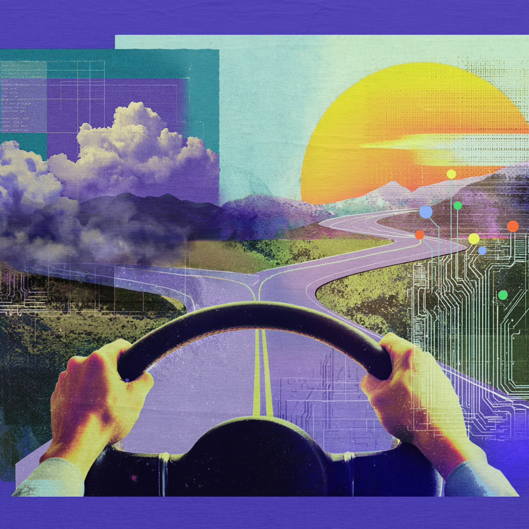 Illustration of hands steering a wheel at a forked road, with one path leading toward a rising sun and the other into clouds, overlaid with abstract circuit patterns—symbolizing human choice in directing how AI shapes work. 