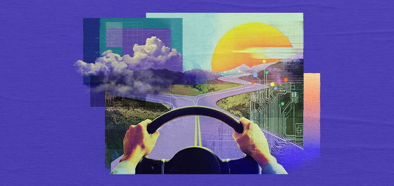 Illustration of hands steering a wheel at a forked road, with one path leading toward a rising sun and the other into clouds, overlaid with abstract circuit patterns—symbolizing human choice in directing how AI shapes work. 