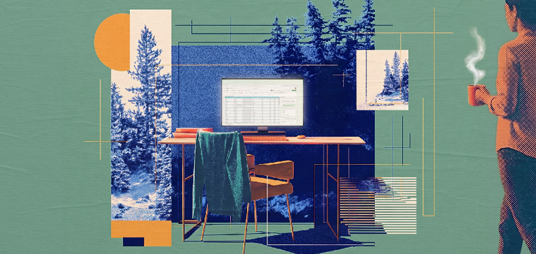 Stylized office scene with a computer displaying a spreadsheet, surrounded by trees and geometric shapes, representing AI agents working seamlessly in the background to transform how work gets done.