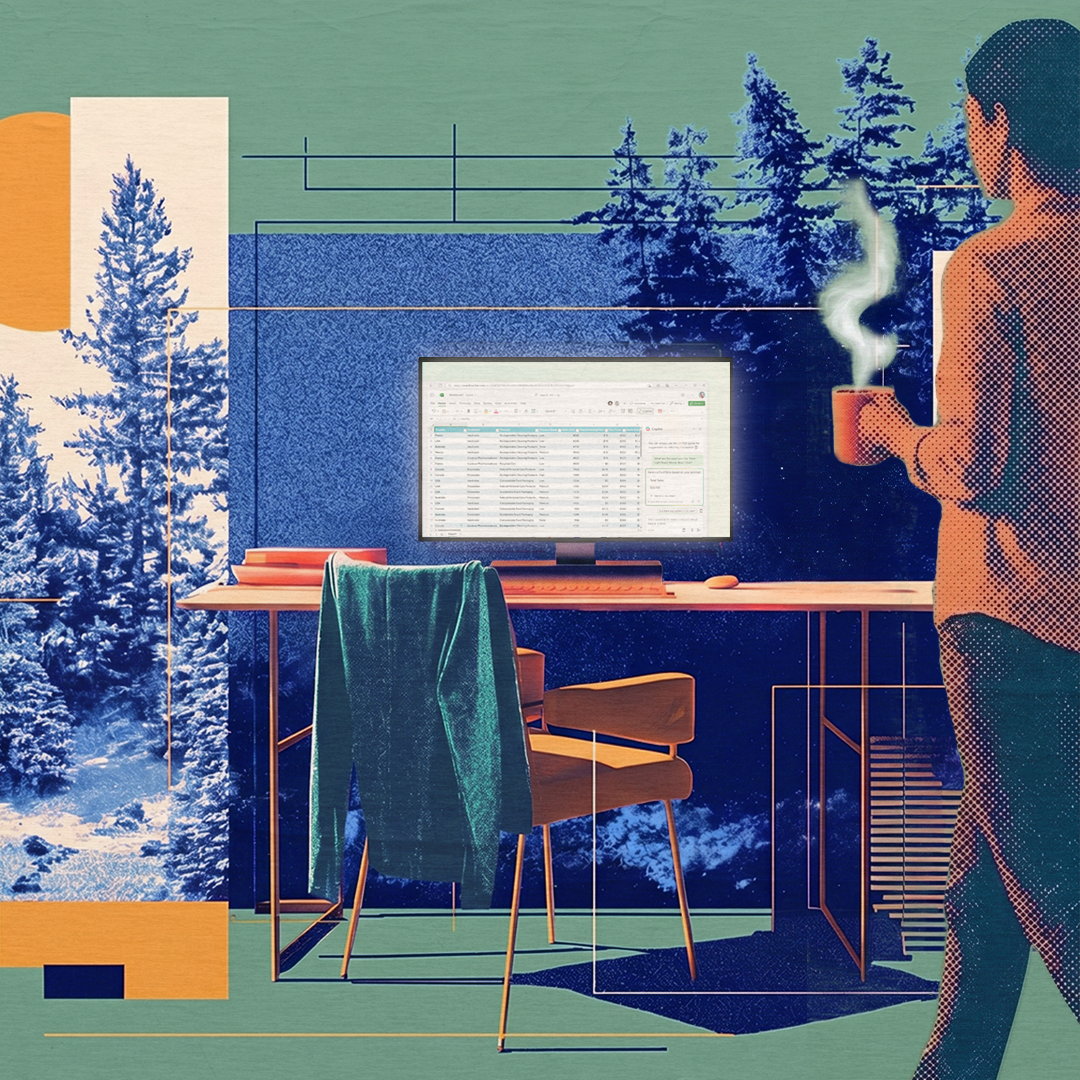 Stylized office scene with a computer displaying a spreadsheet, surrounded by trees and geometric shapes, representing AI agents working seamlessly in the background to transform how work gets done. 