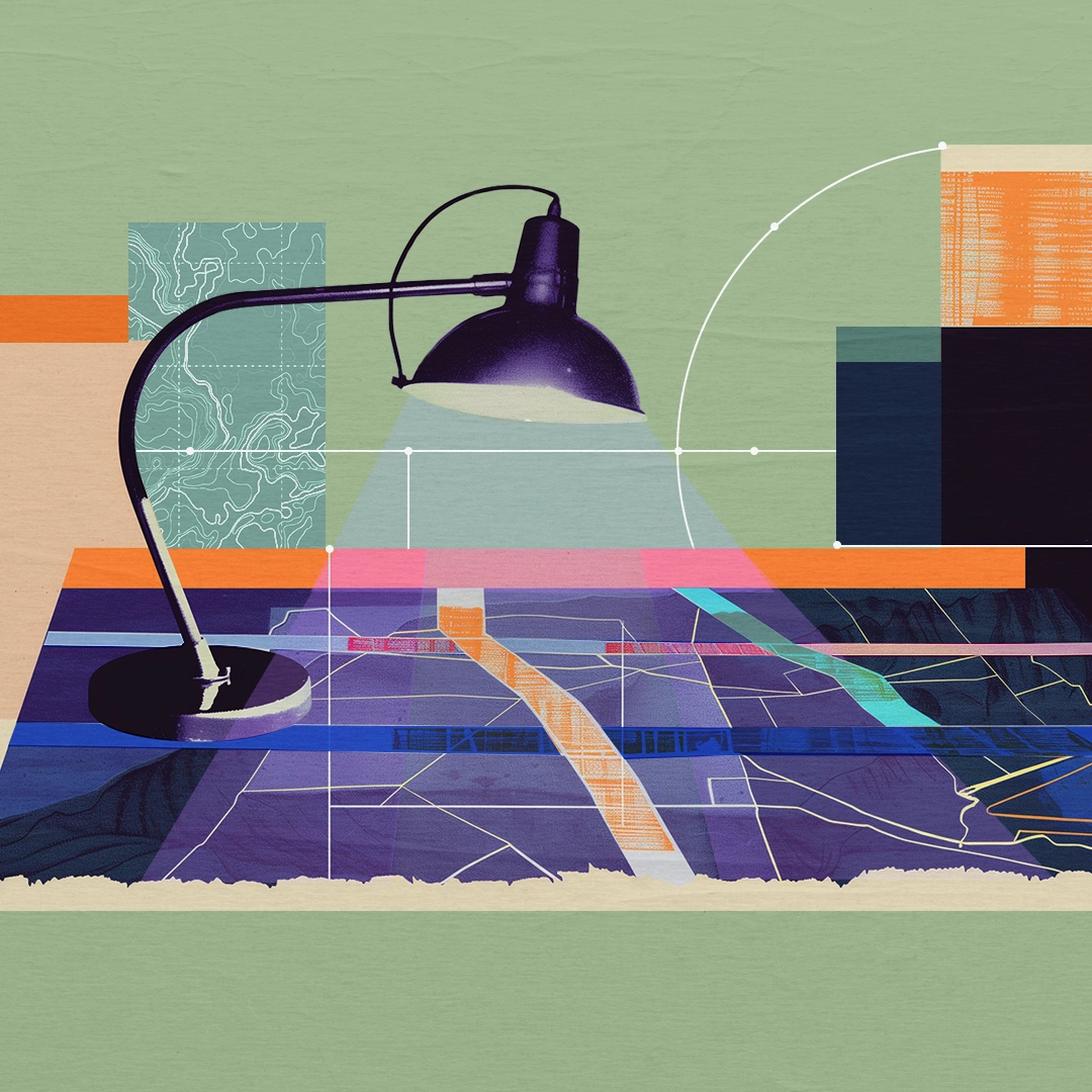 Illustrated desk lamp shining over an abstract workspace where layered graphs, code-like lines, and geometric shapes converge representing human‑AI collaboration.